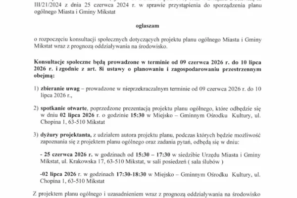 Konsultacje społeczne w Mikstacie – mieszkańcy zdecydują o planie ogólnym