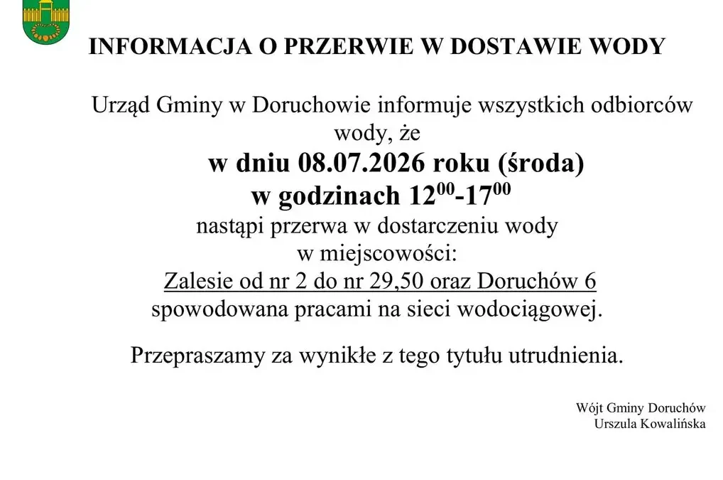 Przerwa w dostawie wody w gminie Doruchów 8 lipca