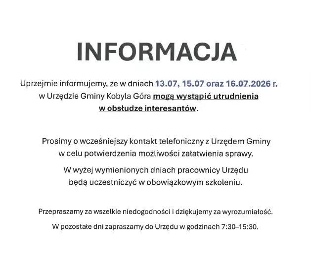 Utrudnienia w obsłudze interesantów w Urzędzie Gminy Kobyla Góra