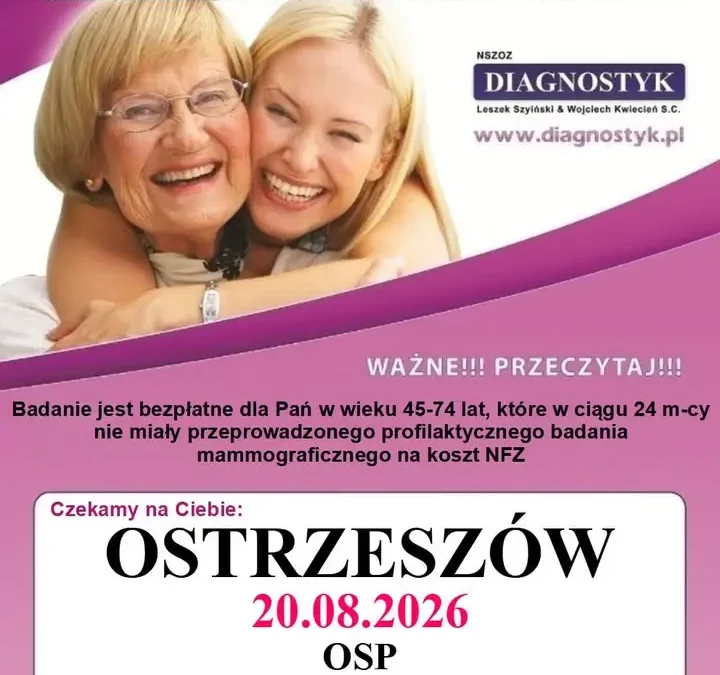 Bezpłatna mammografia w Ostrzeszowie – mammobus 20 sierpnia przed OSP