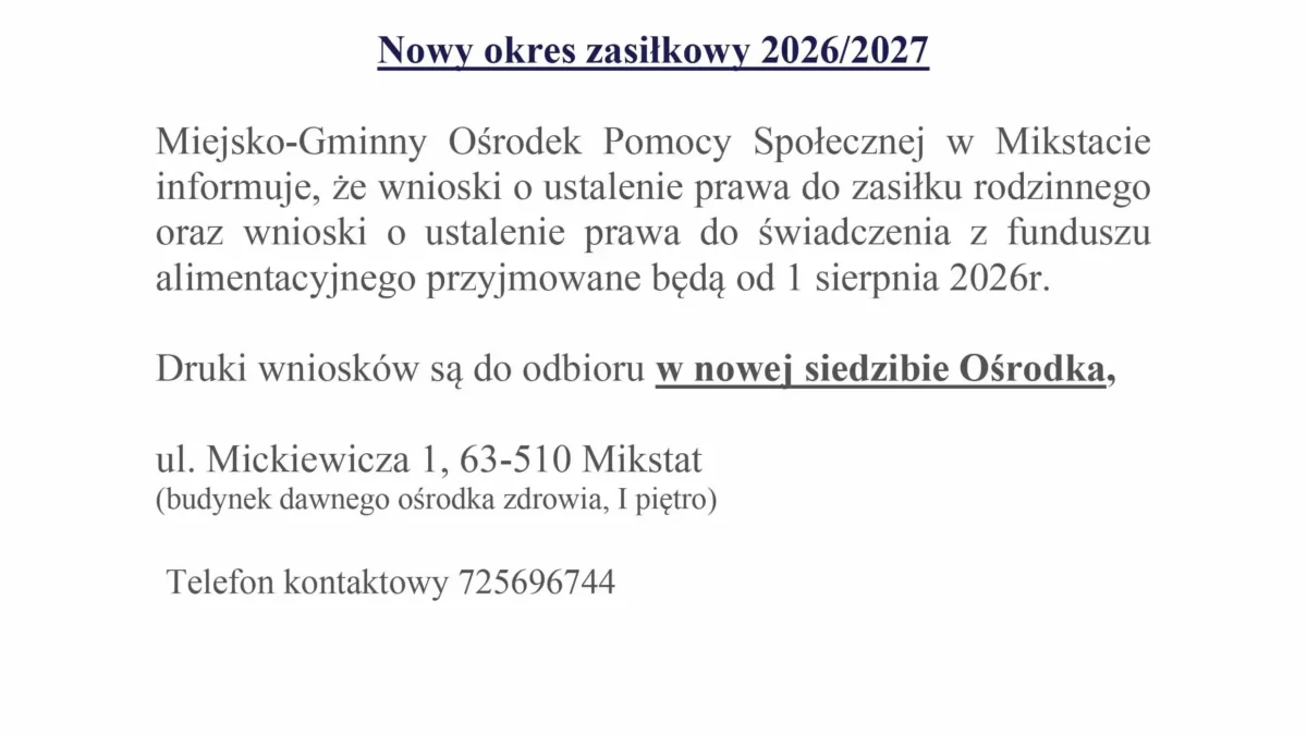 Nowy okres zasiłkowy 2026/2027 – wnioski od sierpnia w Mikstacie