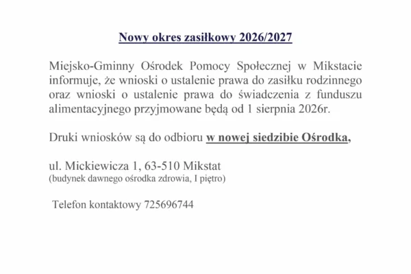 Nowy okres zasiłkowy 2026/2027 – wnioski od sierpnia w Mikstacie