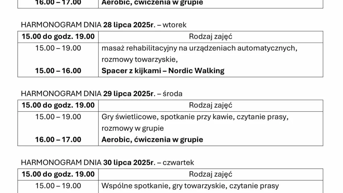 Tygodniowy harmonogram zajęć Klubu Senior+ w Mikstacie (27–31 lipca)
