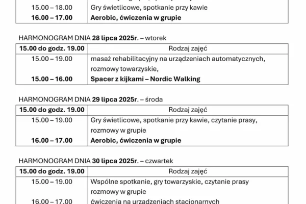 Tygodniowy harmonogram zajęć Klubu Senior+ w Mikstacie (27–31 lipca)