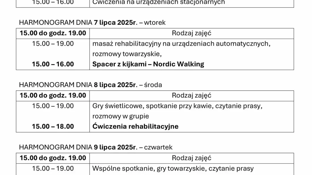Harmonogram zajęć Klubu Senior+ w Mikstacie na dni 6-10 lipca