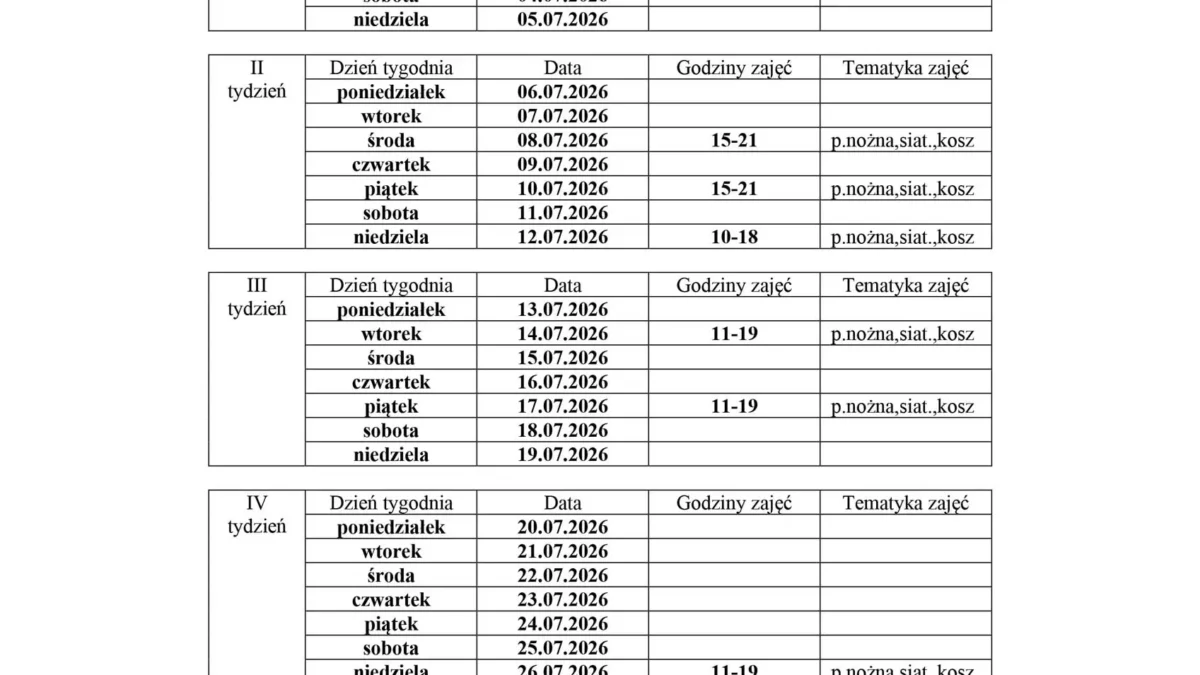 Harmonogram pracy animatora na Orliku w Mikstacie – lipiec 2026