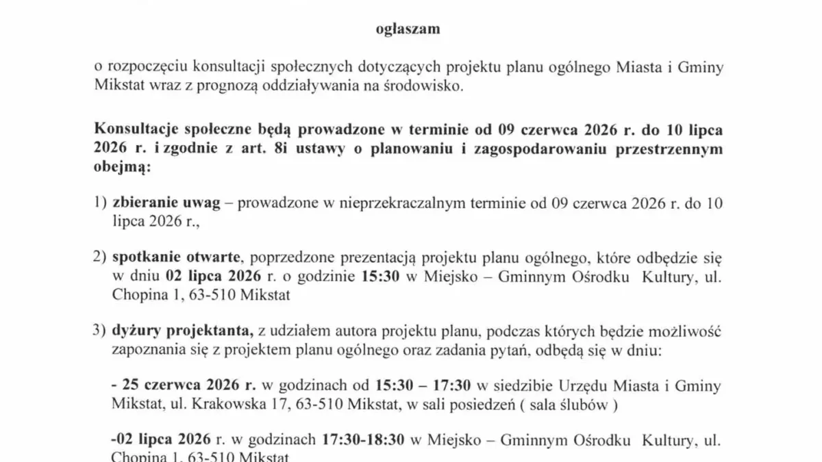 Konsultacje społeczne projektu planu ogólnego w Mikstacie – trwają do 10 lipca