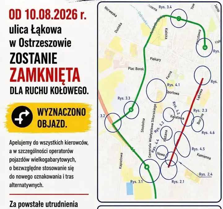 Ulica Łąkowa w Ostrzeszowie zamknięta od 10 sierpnia – objazd dla tirów