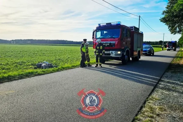 Wypadek motocyklisty w Bobrownikach – interweniowały OSP Grabów nad Prosną i JRG Ostrzeszów