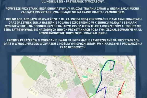 Zmiana trasy autobusu miejskiego w Ostrzeszowie z powodu remontu ul. Łąkowej