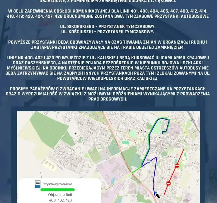 Zmiana trasy autobusu miejskiego w Ostrzeszowie z powodu remontu ul. Łąkowej
