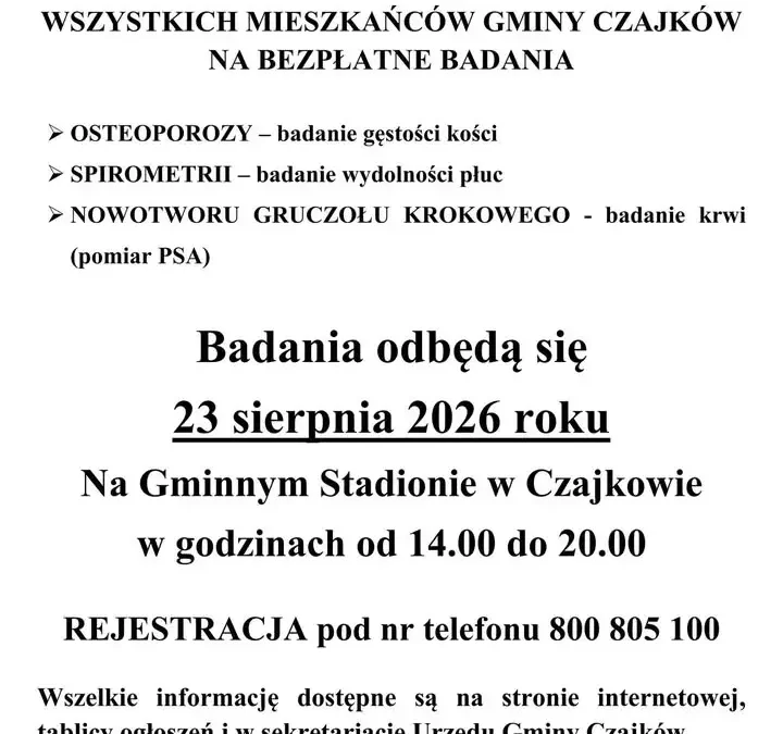 Bezpłatne badania profilaktyczne w gminie Czajków – osteoporoza, spirometria i PSA