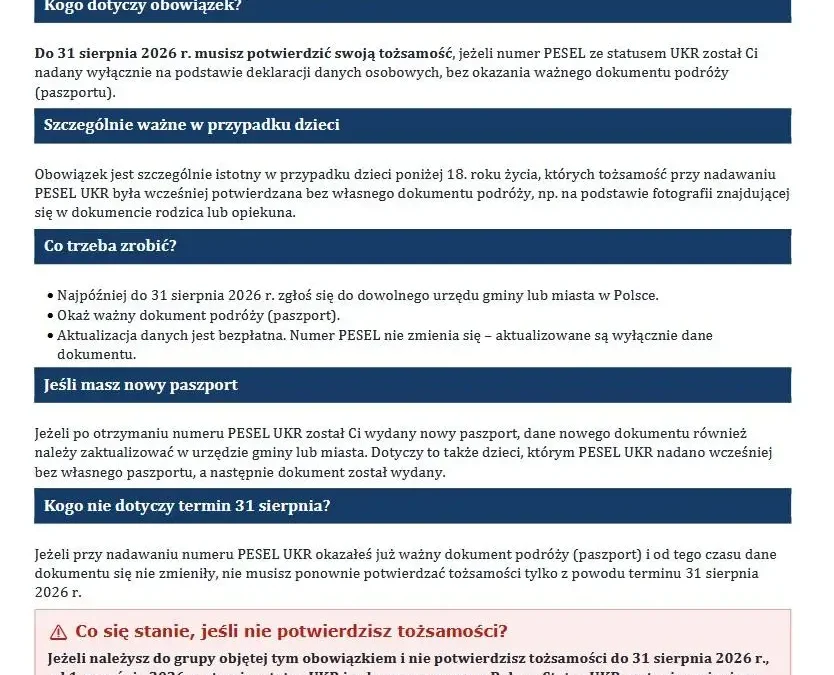 Obywatele Ukrainy ze statusem UKR muszą potwierdzić tożsamość do 31 sierpnia
