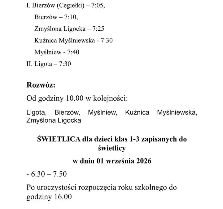 Plan jazdy autobusu szkolnego 1 września 2026 – sprawdź godziny odjazdów