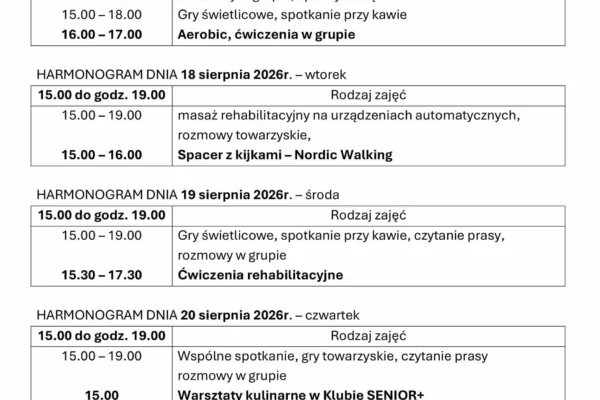 Harmonogram zajęć Klubu Senior+ w Mikstacie na nadchodzący tydzień
