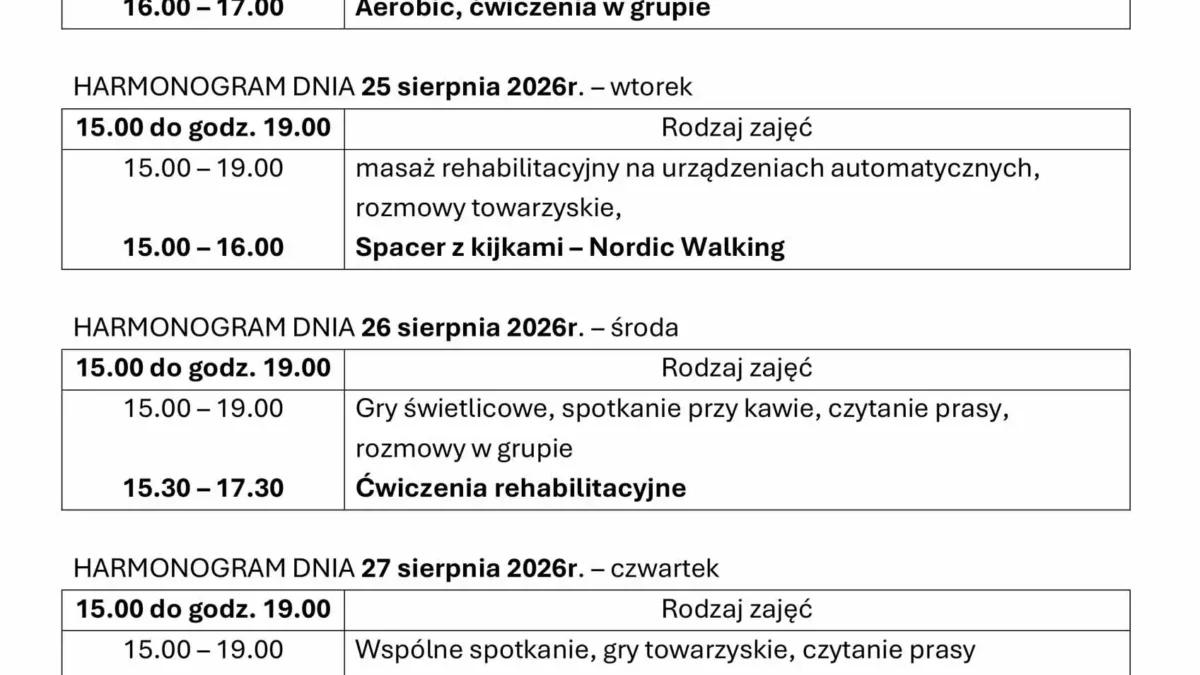 Tygodniowy Harmonogram Zajęć Klubu Senior+ w Mikstacie