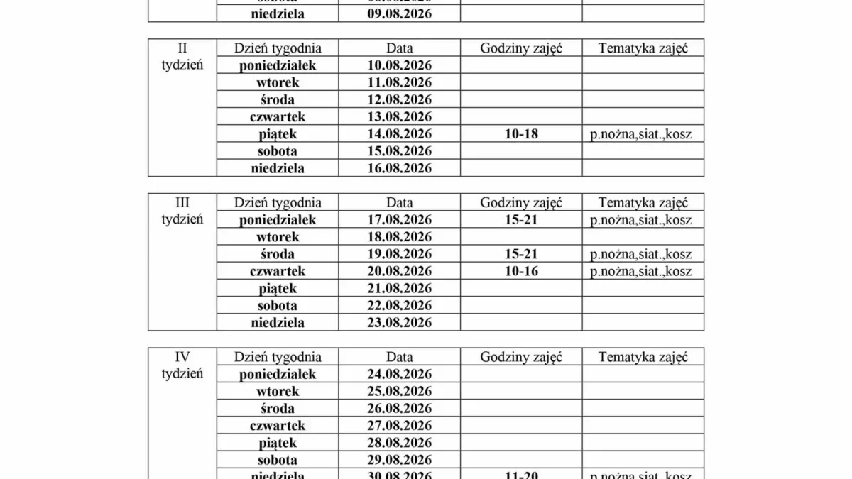 Harmonogram pracy animatora na Orliku w Mikstacie – sierpień 2026