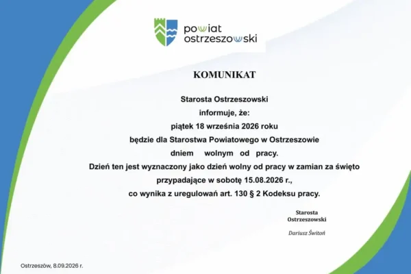 Starostwo Powiatowe w Ostrzeszowie nieczynne 18 września