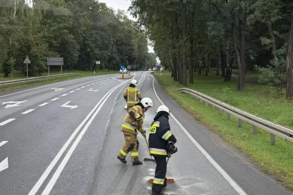 Wyciek substancji ropopochodnej na DK11 w Ostrzeszowie. Interweniowały dwa zastępy straży