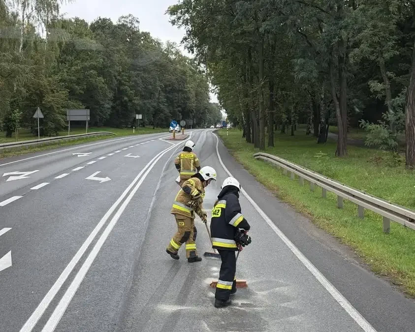 Wyciek substancji ropopochodnej na DK11 w Ostrzeszowie. Interweniowały dwa zastępy straży