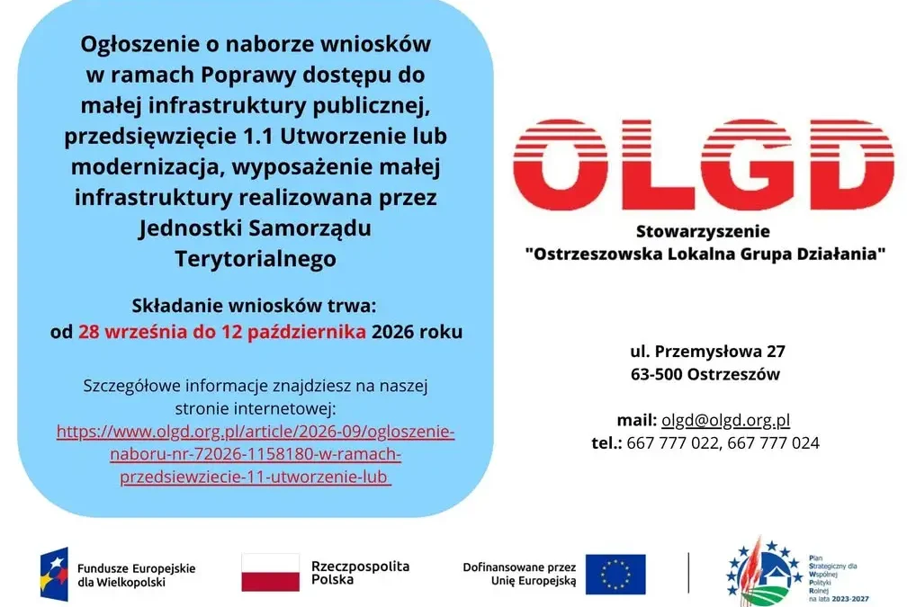 Ostrzeszowska LGD ogłasza nabór wniosków nr 7/2026 na małą infrastrukturę publiczną