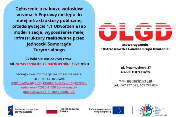 Ostrzeszowska LGD ogłasza nabór wniosków nr 7/2026 na małą infrastrukturę publiczną