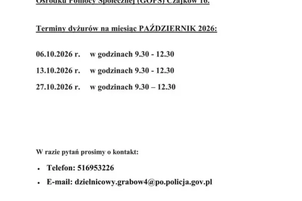 Dzielnicowy z Czajkowa zaprasza na październikowe dyżury w GOPS