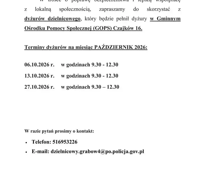 Dzielnicowy z Czajkowa zaprasza na październikowe dyżury w GOPS