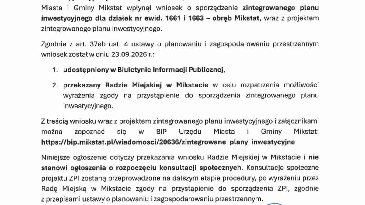 Mikstat: wniosek o zintegrowany plan inwestycyjny dla działek 1661 i 1663 trafił do Rady Miejskiej