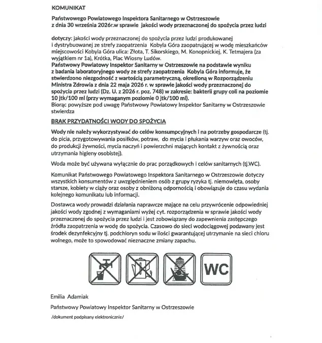 Bakterie grupy coli w wodzie w Kobylej Górze – sanepid ostrzega mieszkańców