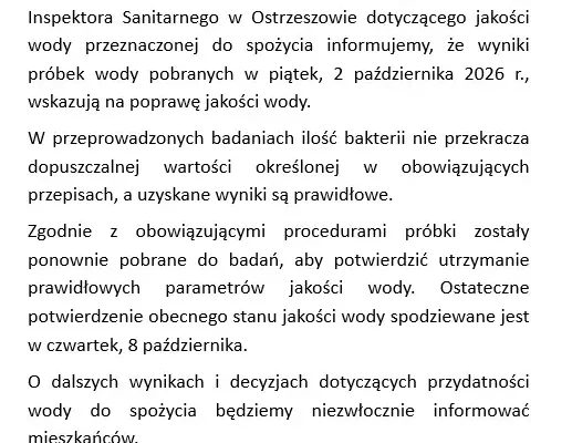 Woda w Ostrzeszowie: sanepid potwierdza poprawę jakości, decyzja w czwartek