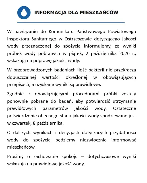 Woda w Ostrzeszowie: sanepid potwierdza poprawę jakości, decyzja w czwartek