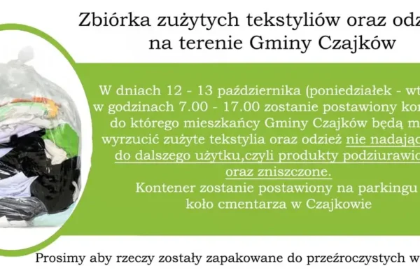 Gmina Czajków organizuje zbiórkę tekstyliów i odzieży – kontener przy cmentarzu