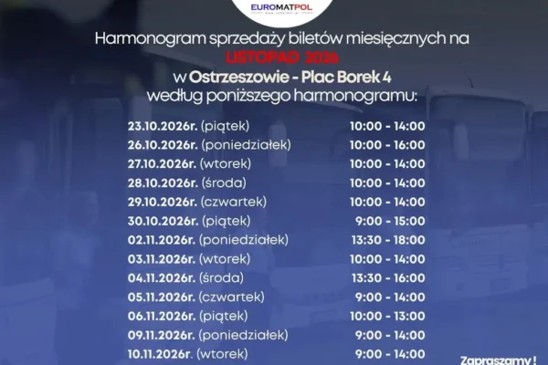 Euromatpol podał harmonogram sprzedaży biletów miesięcznych na listopad 2026 w Ostrzeszowie