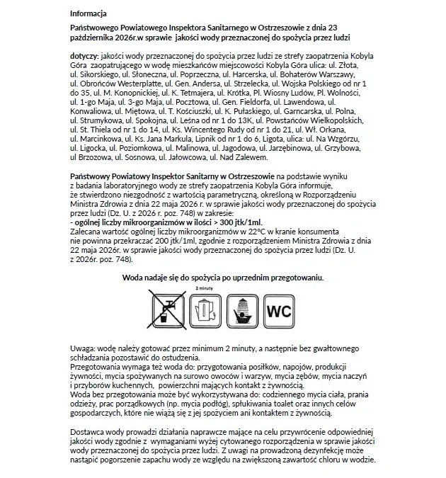 Woda w Kobylej Górze i Ligocie wymaga przegotowania – komunikat sanepidu