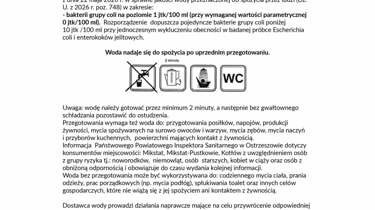 Uwaga mieszkańcy Mikstatu, Pustkowia i Kotłowa: woda z kranu wymaga przegotowania