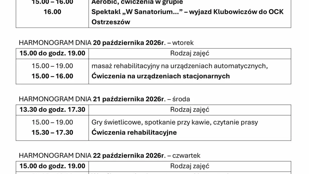 Klub Senior+ w Mikstacie: harmonogram zajęć 19–23 października 2026