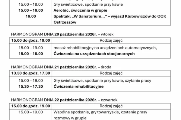 Klub Senior+ w Mikstacie: harmonogram zajęć 19–23 października 2026